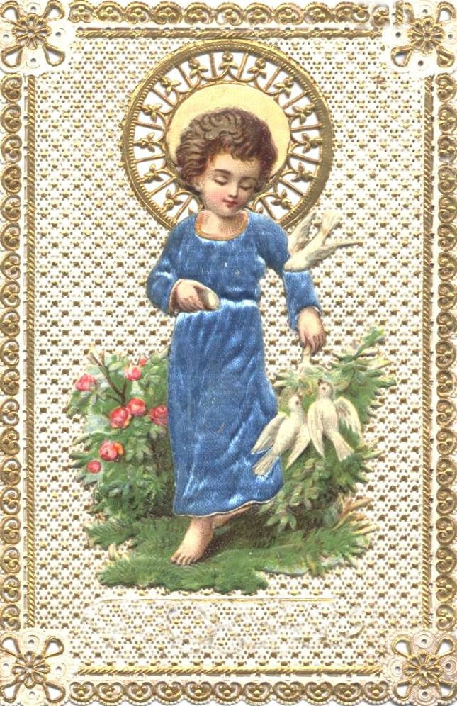 A picture of an angel with flowers in the background.