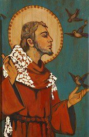 A painting of st. Francis with birds flying around him