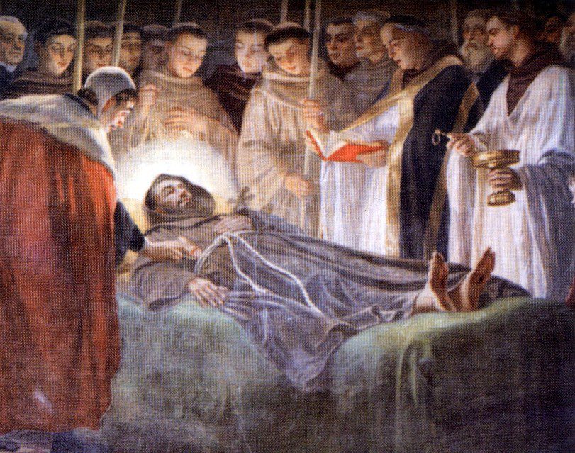 A painting of a man lying in bed surrounded by monks.