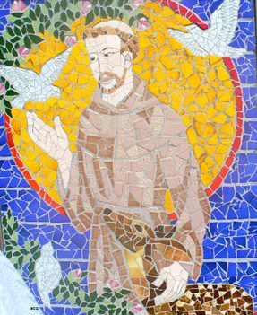 A mosaic of st. Francis with birds flying around him