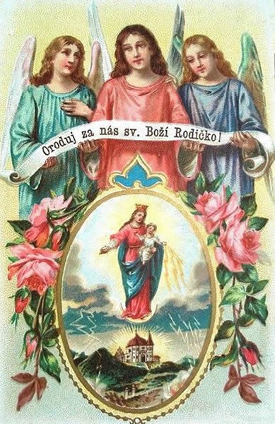 A painting of three angels holding a banner.