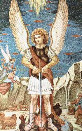 A mosaic of an angel holding a sword.
