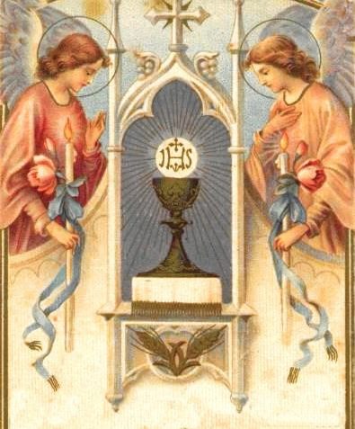 A painting of two angels holding candles and an urn.