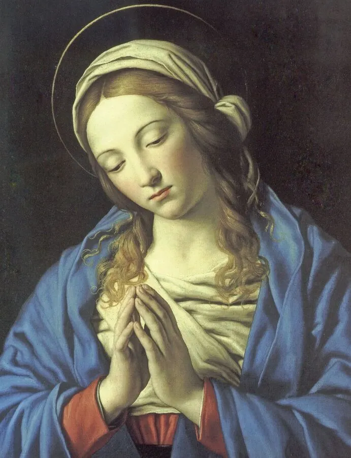 A painting of mary praying with her hands in prayer.