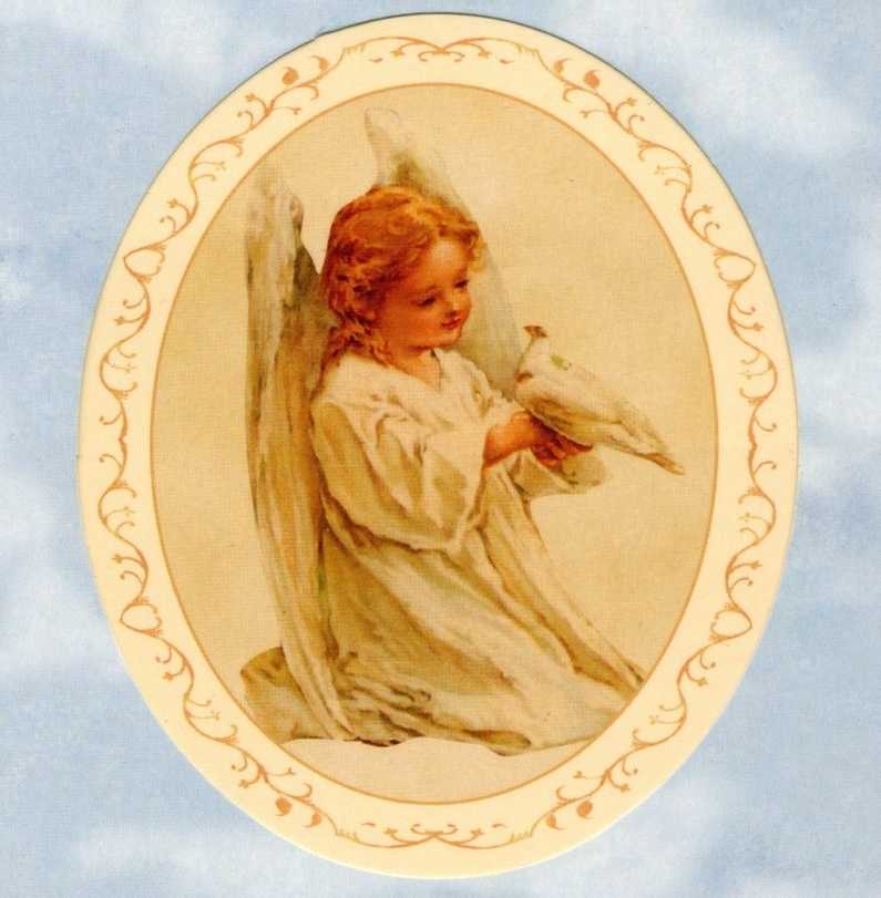A painting of an angel holding a bird.