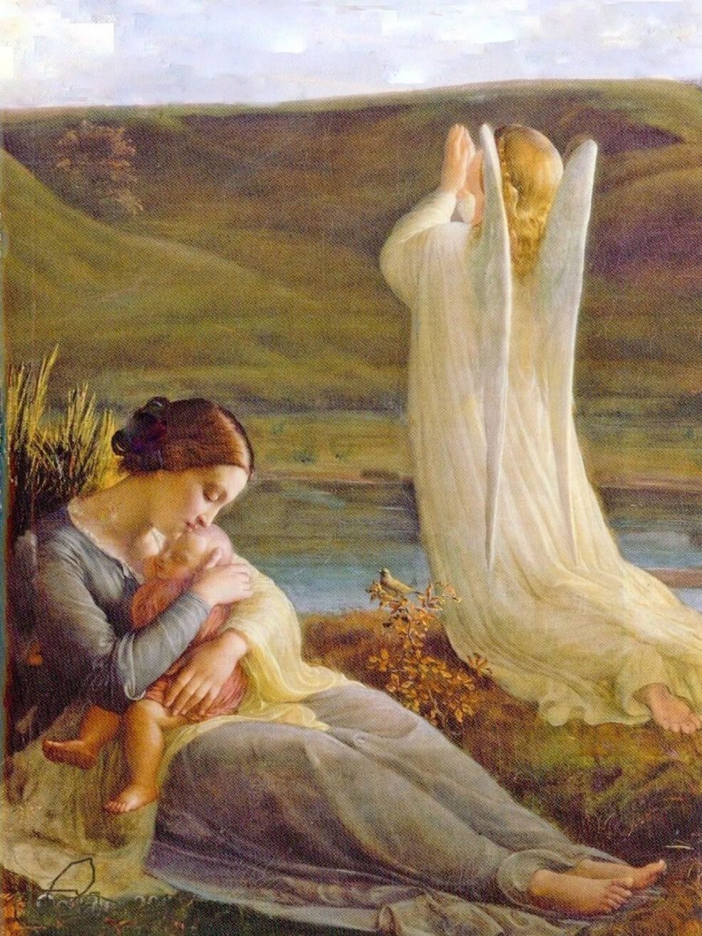 A painting of a woman and child in the grass.