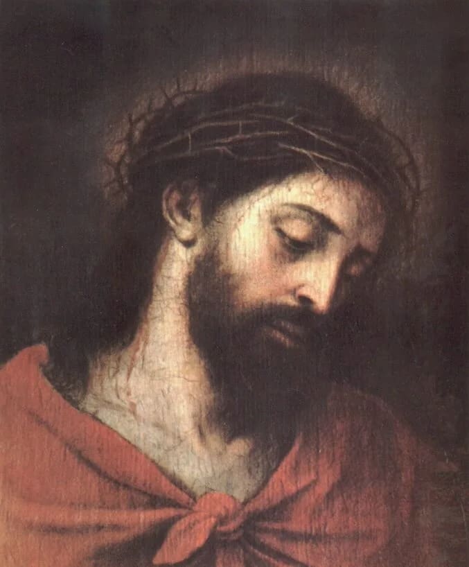 A painting of jesus with his head covered in thorns.