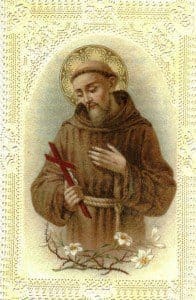 A painting of st. Francis holding a red stick