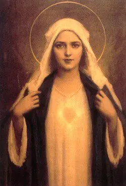 A painting of the virgin mary with her hands on her chest.