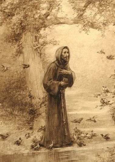 A painting of jesus standing in front of birds.