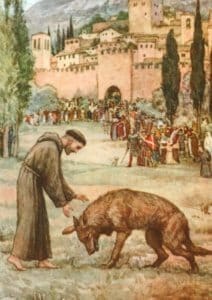 A painting of a man and dog in front of a crowd.