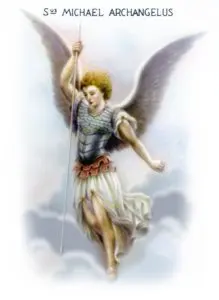 A painting of an angel with wings and a sword.