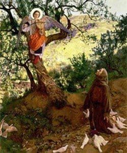 A painting of two people standing on top of a tree.