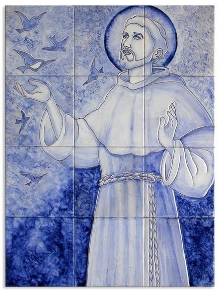 A painting of st. Francis with birds flying around him