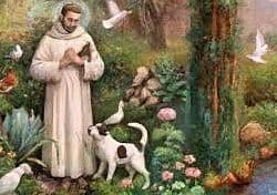 A painting of st. Francis and his dog in the woods