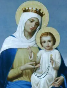 A painting of mary holding the baby jesus.