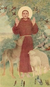 A painting of a man in red with animals.