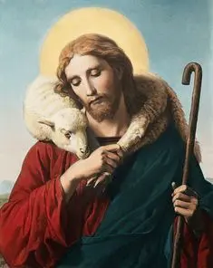 A painting of jesus holding a lamb and a staff.