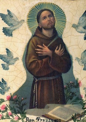 A painting of st. Francis with birds in the background