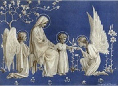 A painting of angels and the virgin mary.