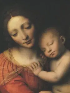 A painting of a woman holding a baby.