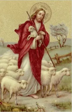 A painting of jesus with sheep in the background.