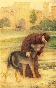A painting of a man petting a dog