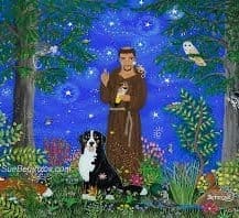 A painting of st. Francis and his dog in the woods