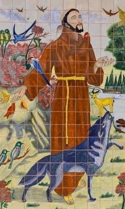 A painting of a man in brown holding a sword.