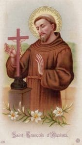 A painting of a man in brown with a cross.