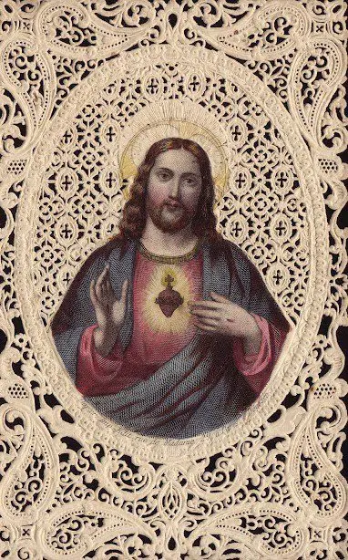 A painting of jesus christ on lace.