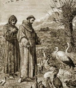 A black and white drawing of two people standing in front of birds.