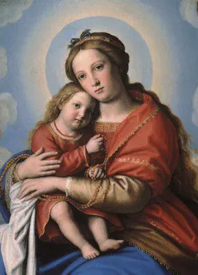 A painting of mary holding jesus in her arms.