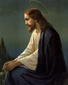 A painting of jesus sitting in front of the sky.