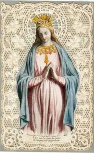 A picture of the virgin mary with her hands in prayer.