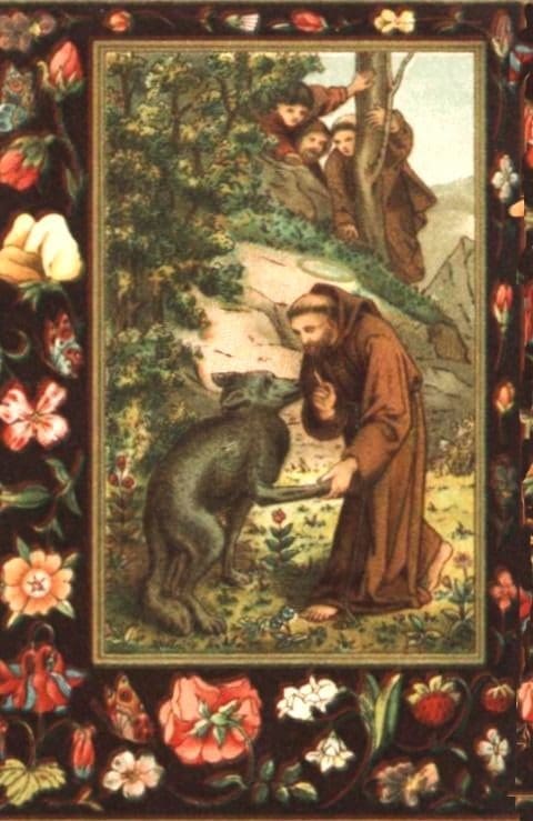 A painting of st francis and the wolf.