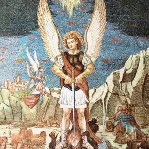 A mosaic of an angel with a sword.