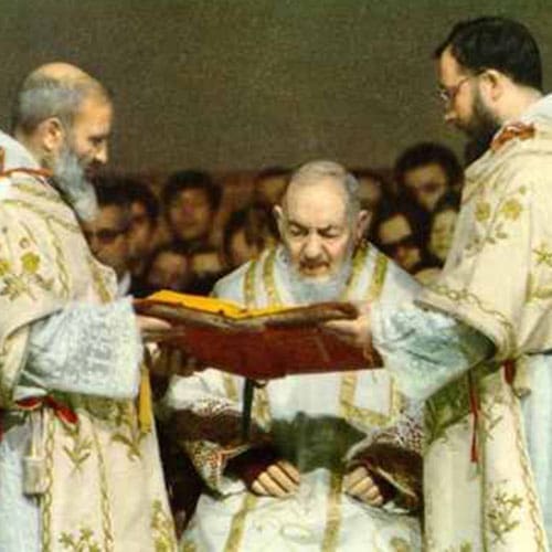A painting of three men in robes holding a book.