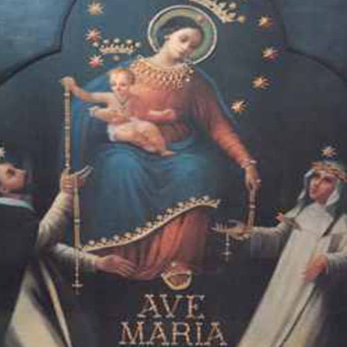 A painting of the virgin mary holding her infant jesus.