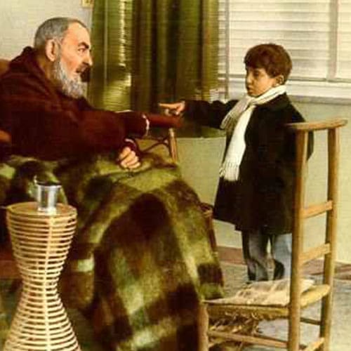 A painting of an old man and young boy.