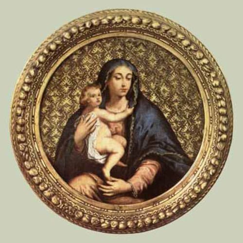 A painting of a woman holding a baby.