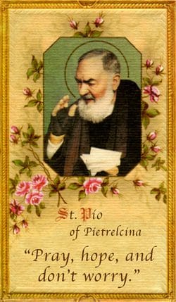 A picture of st. Pio with roses in the background