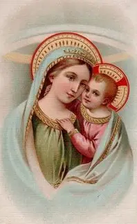 Painting of Virgin Mary holding baby Jesus.