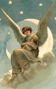 Angel cradles child on crescent moon.