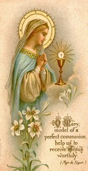 Virgin Mary in prayer with chalice.