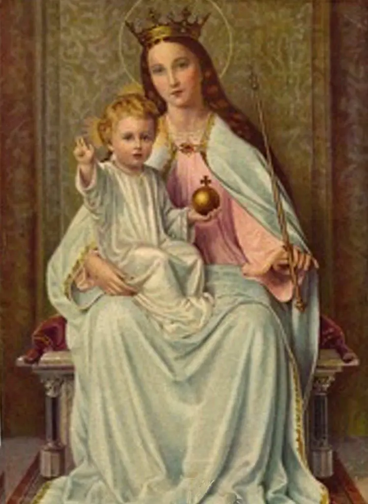 Mary and Jesus, seated, crowned queen.