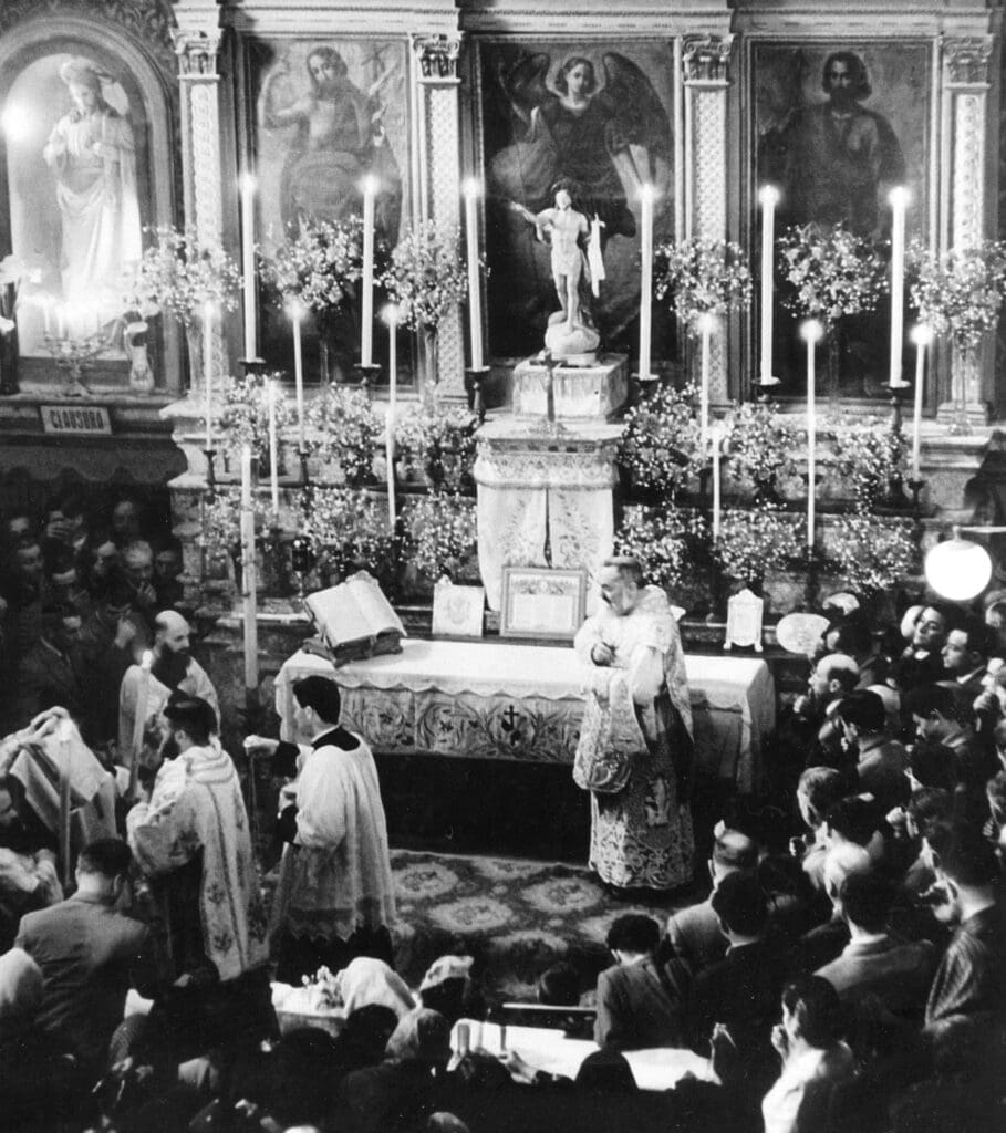 Ceremonial gathering in a beautifully decorated church.