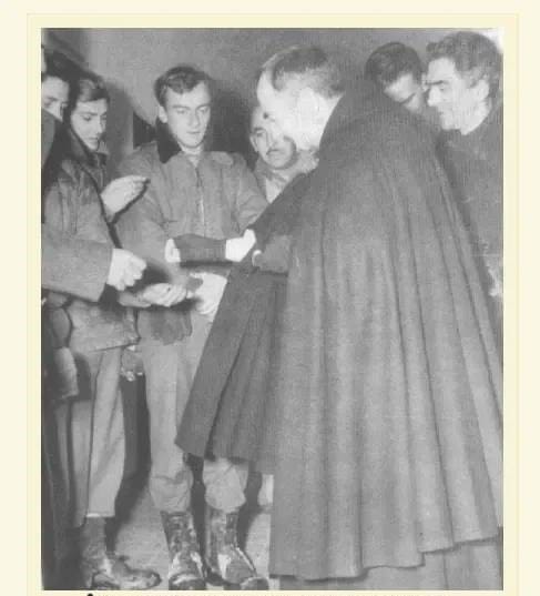 Priest receiving gifts from soldiers.