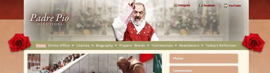 Padre Pio Devotions website homepage banner.
