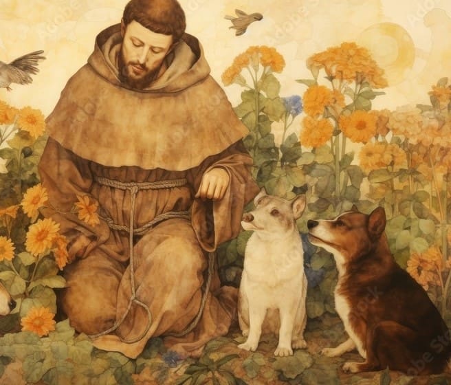 Saint with dogs in a garden setting.